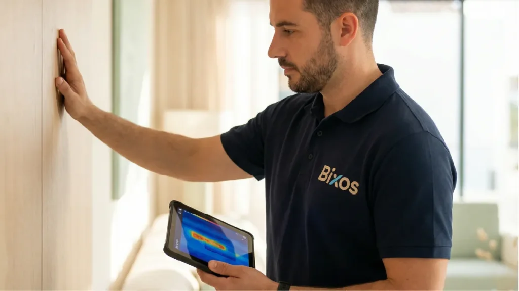 Humedad y plagas en vivienda detectadas con cámara térmica, técnico de Bixos revisando humedad en pared